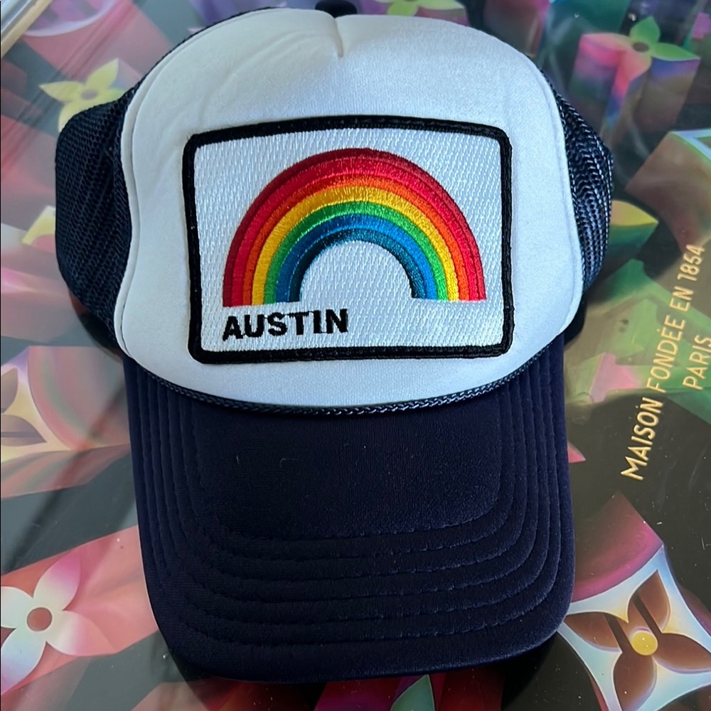Aviator Nation Navy Trucker Hat with Rainbow Stripe Patch